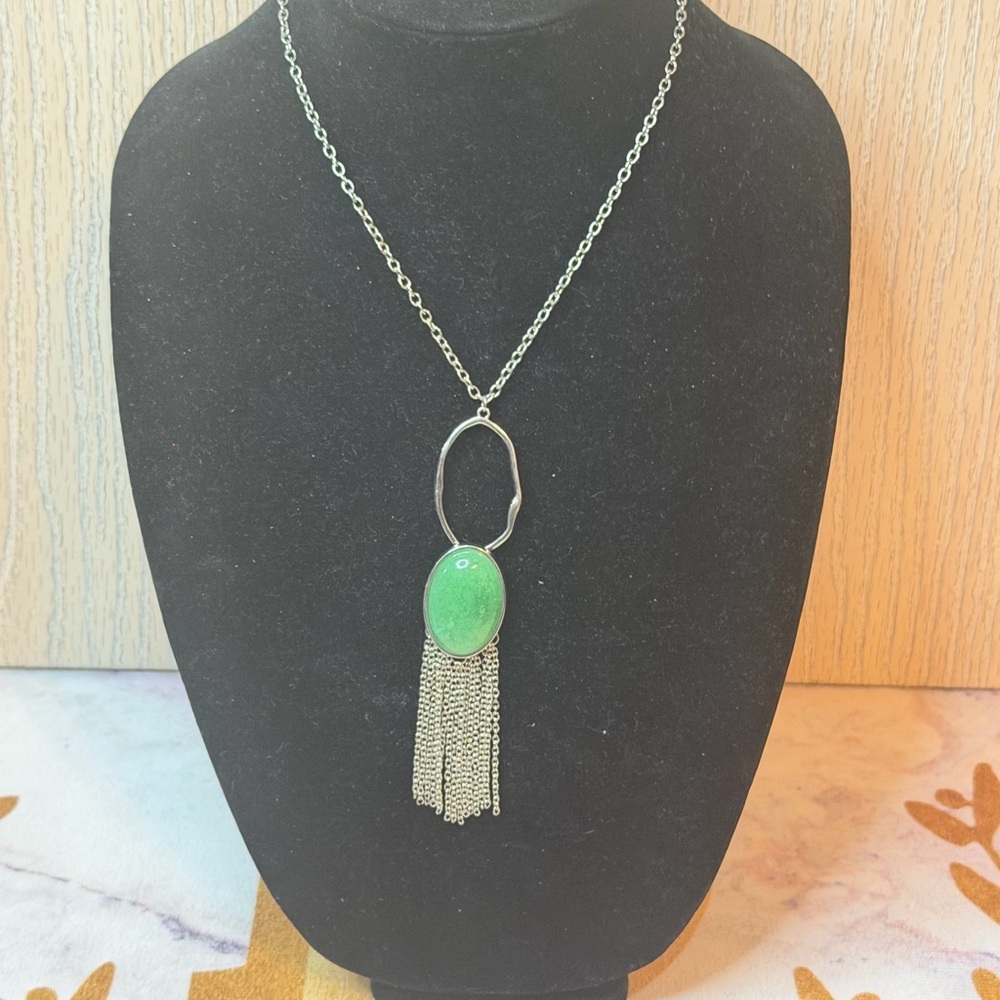 Silver-Tone Green Stone Tassel Pendant Necklace | Statement Boho Chic